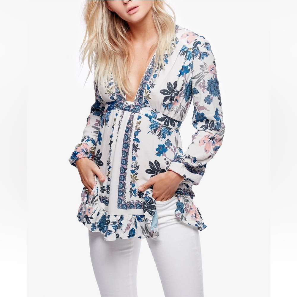 Free People Cream Floral Mini Dress or Blouse w/Ties - Picture 4 of 11
